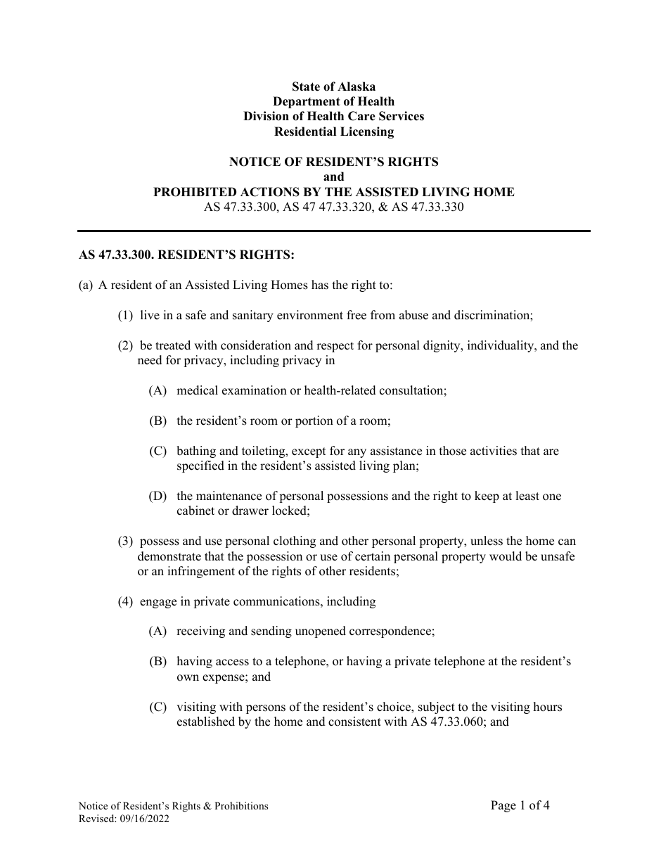 Notice of Residents Rights and Prohibited Actions by the Assisted Living Home - Alaska, Page 1