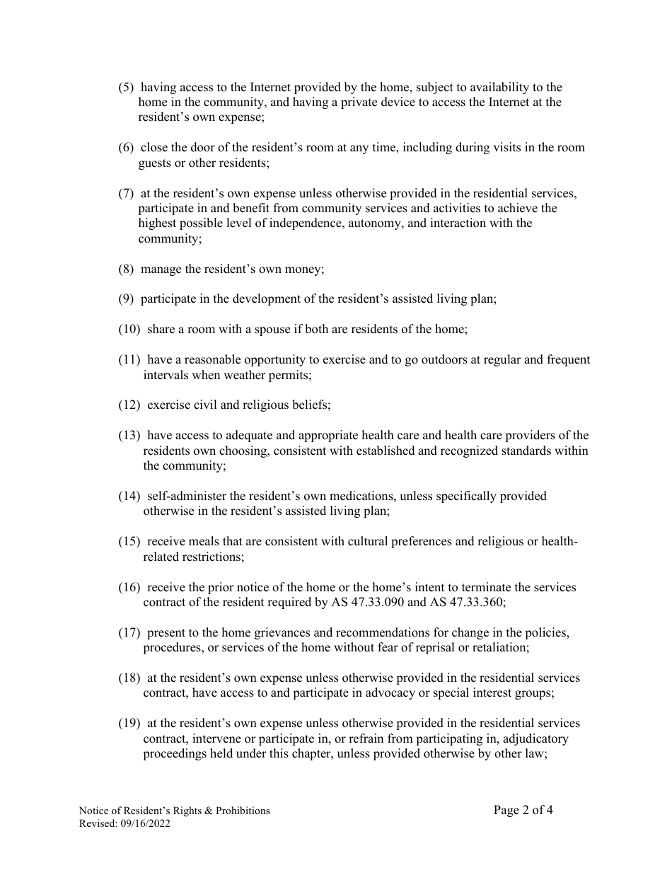 Notice of Residents Rights and Prohibited Actions by the Assisted Living Home - Alaska, Page 2