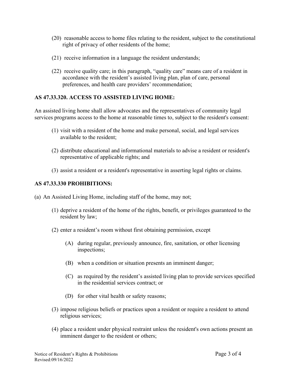 Notice of Residents Rights and Prohibited Actions by the Assisted Living Home - Alaska, Page 3