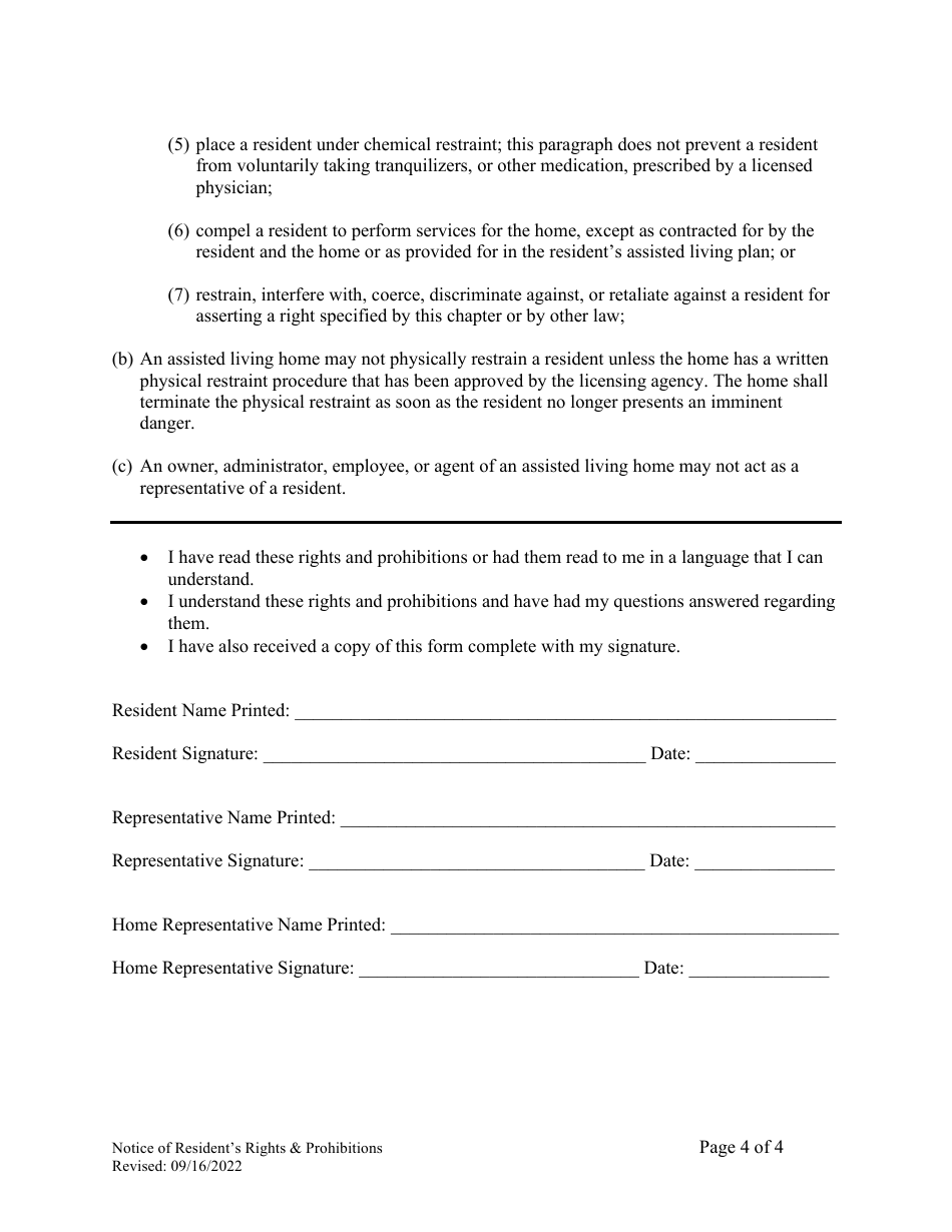 Notice of Residents Rights and Prohibited Actions by the Assisted Living Home - Alaska, Page 4