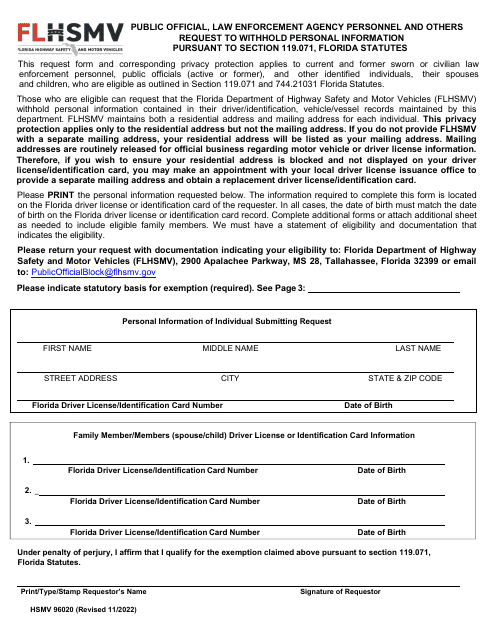 Form HSMV96020 Request to Withhold Personal Information Pursuant to Section 119.071, Florida Statutes - Florida