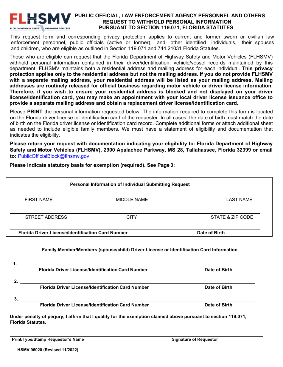 Form HSMV96020 Request to Withhold Personal Information Pursuant to Section 119.071, Florida Statutes - Florida, Page 1