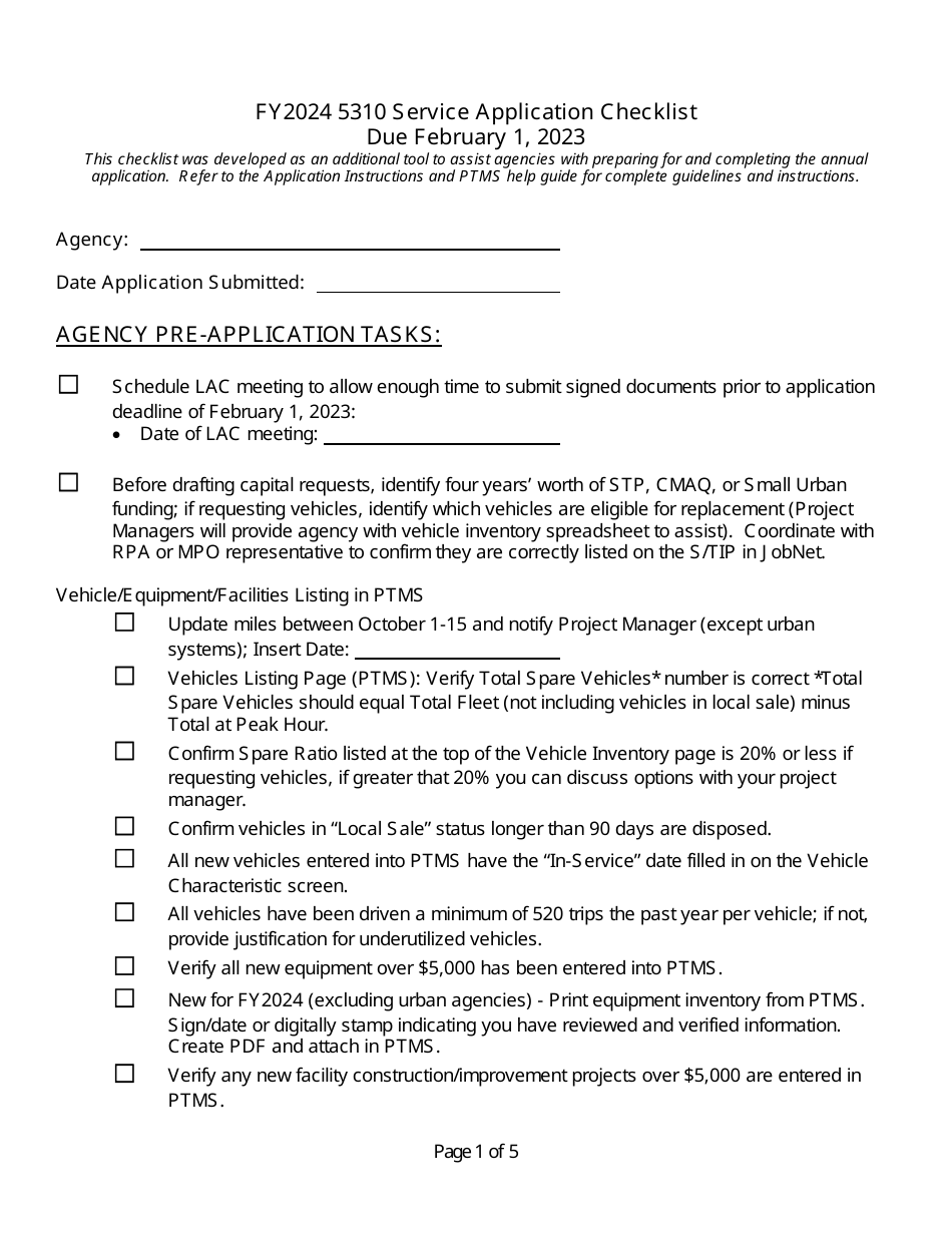 Section 5310 Service Application Checklist - Michigan, Page 1
