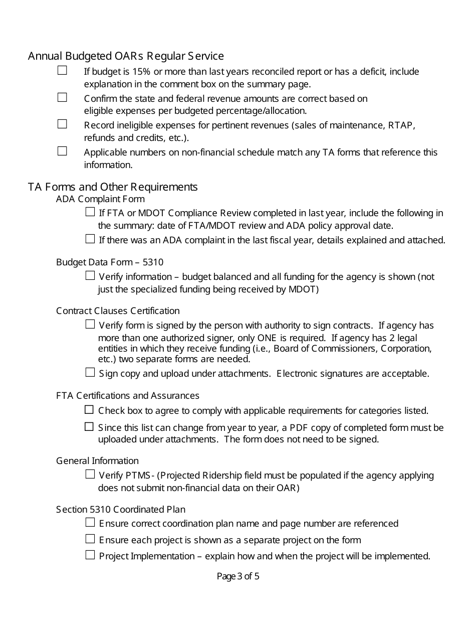 Section 5310 Service Application Checklist - Michigan, Page 3