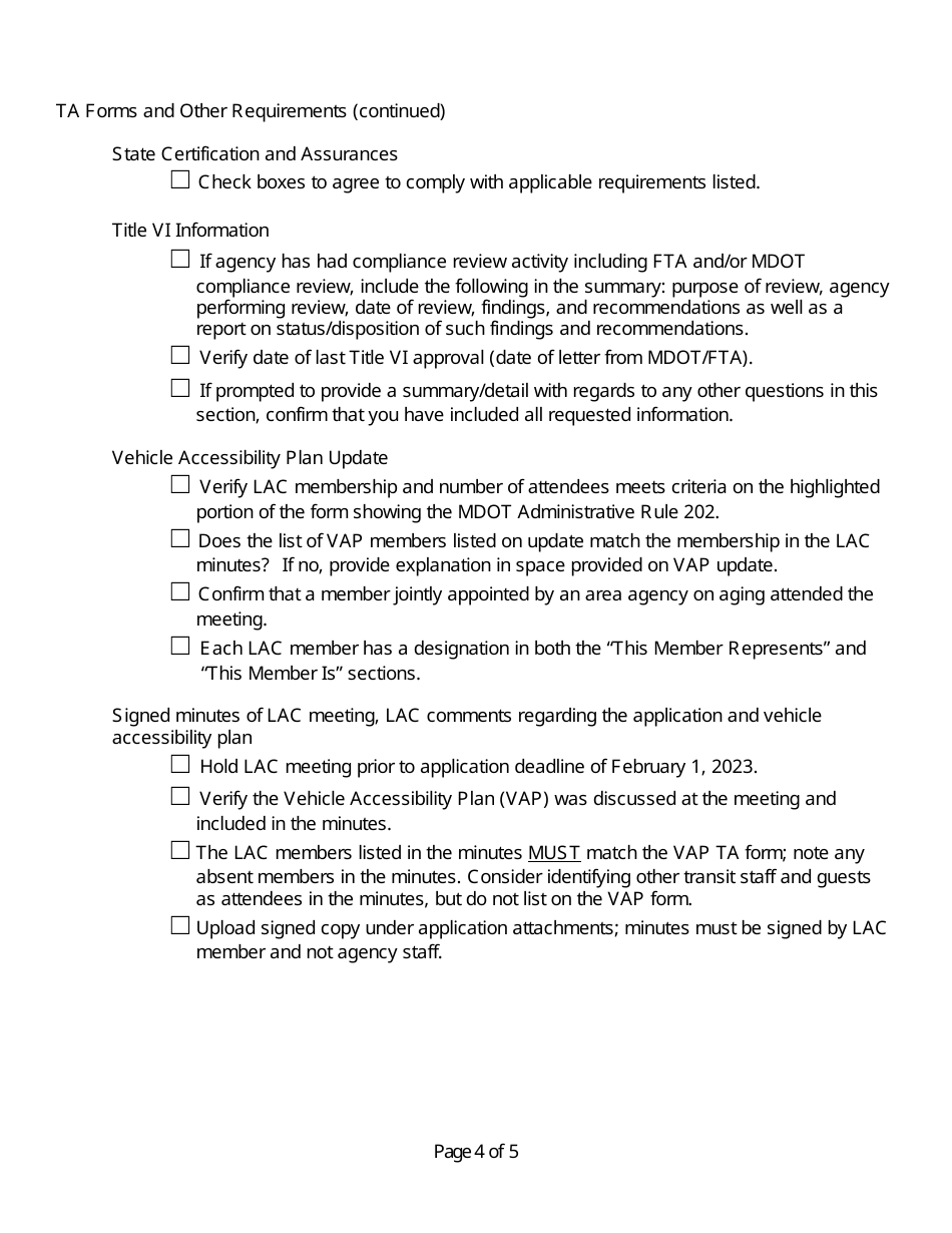 Section 5310 Service Application Checklist - Michigan, Page 4