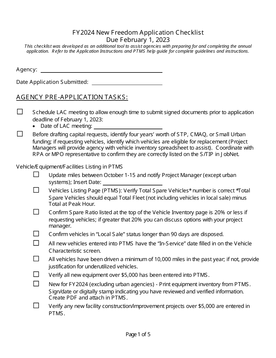 New Freedom Application Checklist - Michigan, Page 1