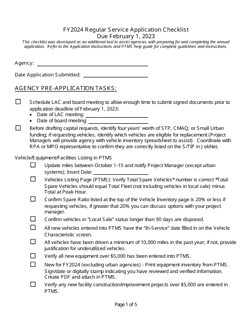 Regular Service Application Checklist - Michigan, 2024