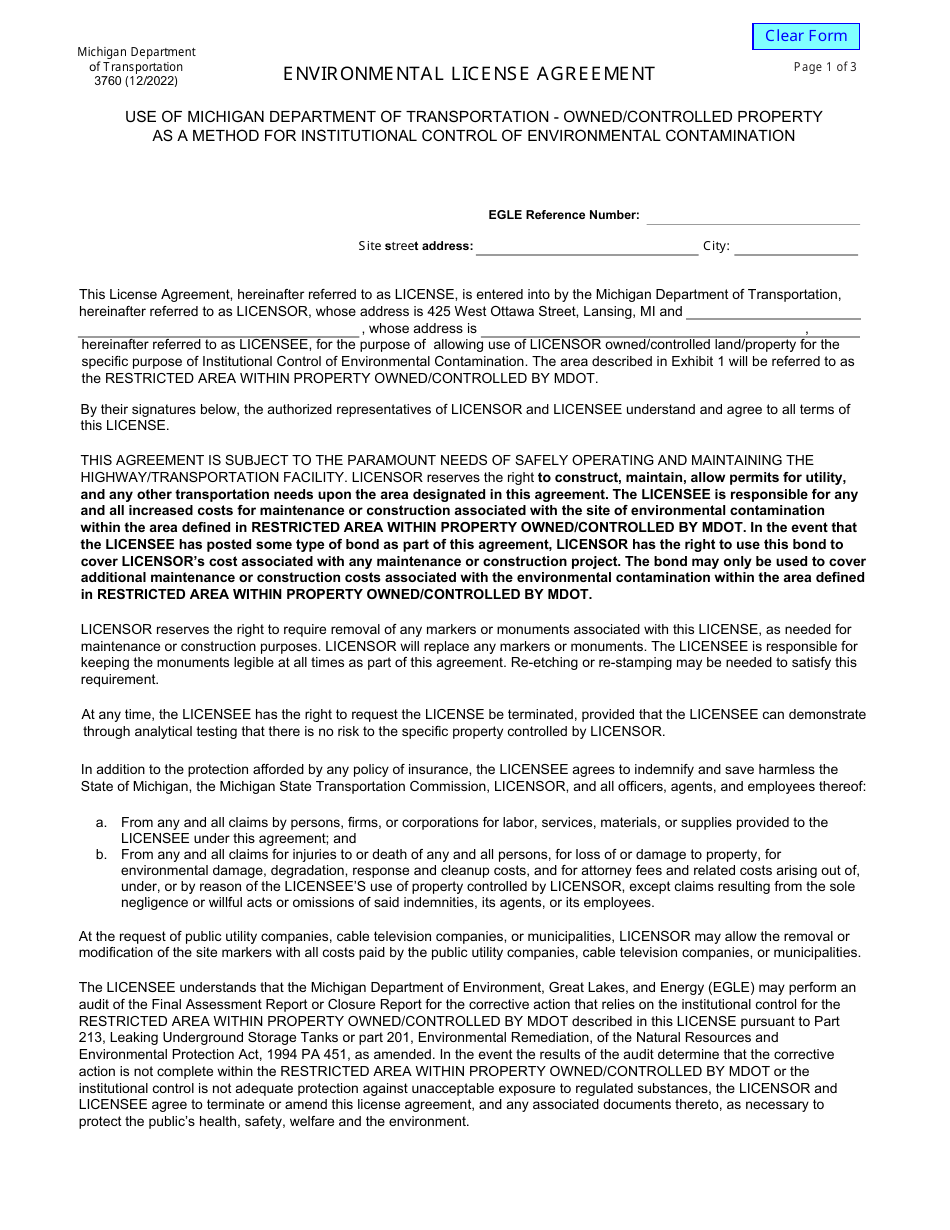 Form 3760 Environmental License Agreement - Michigan, Page 1