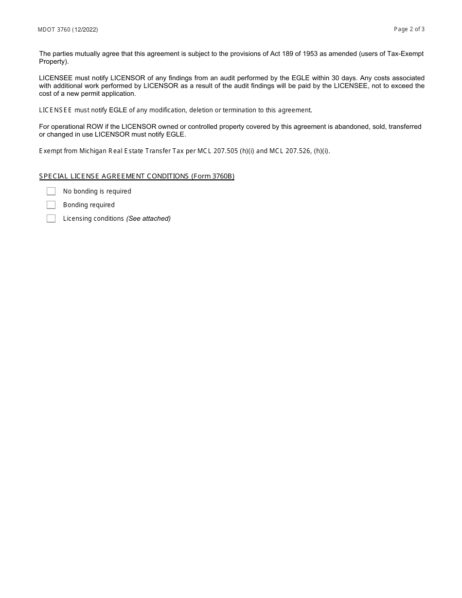 Form 3760 Environmental License Agreement - Michigan, Page 2