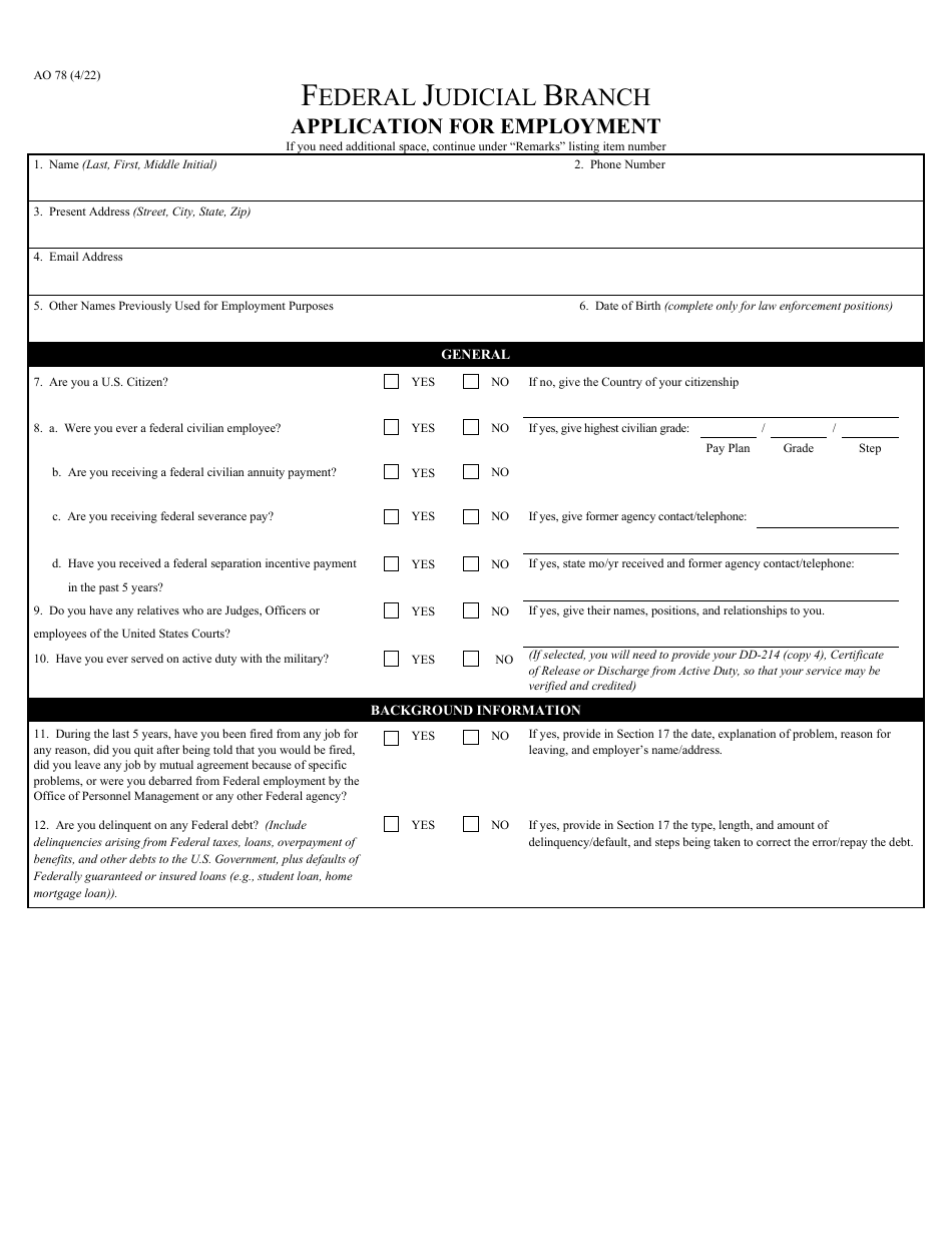 Form AO78 Application for Employment, Page 1