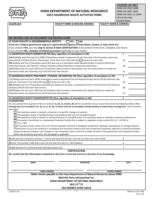 DNR Form 542-1548 Hazardous Waste Activities Form - Iowa, 2022