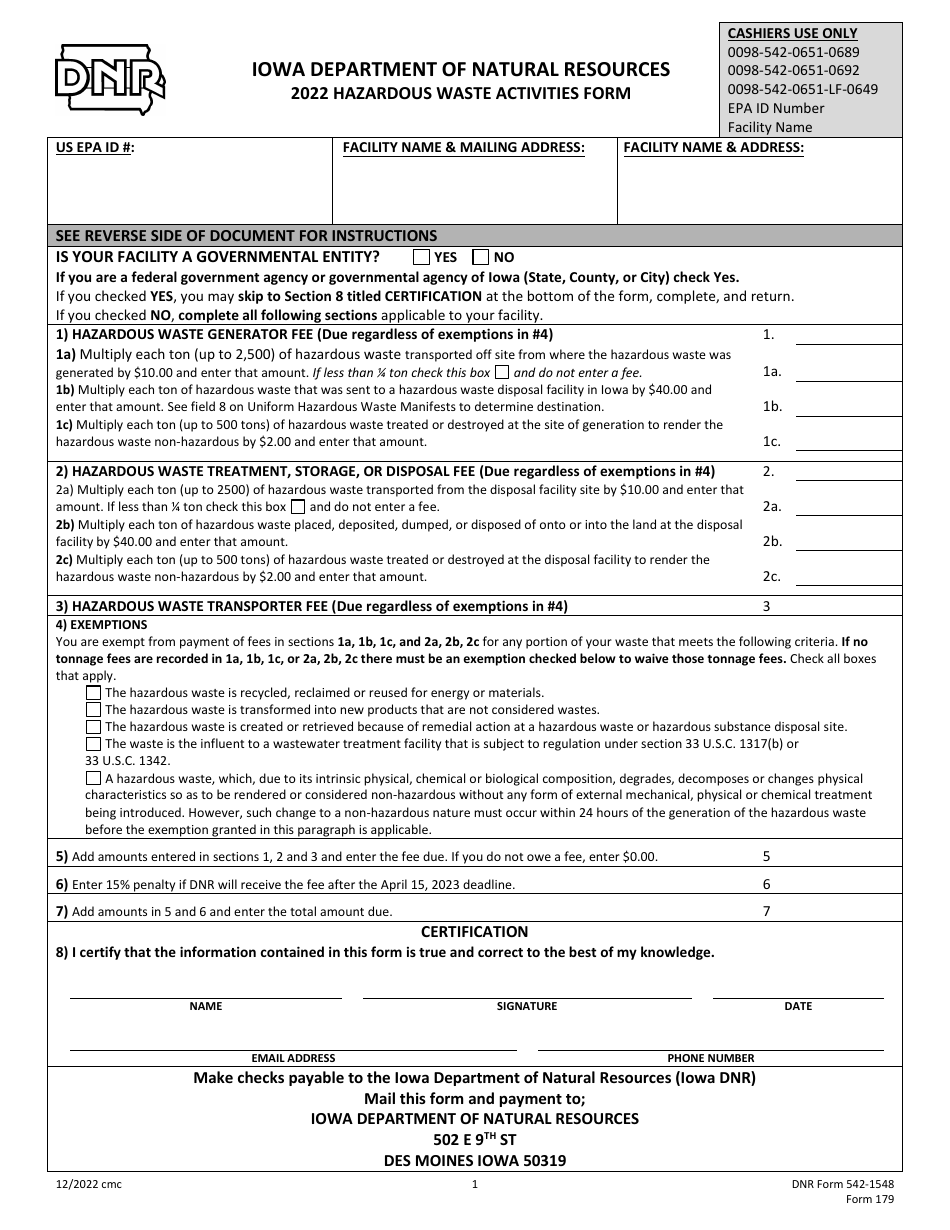 DNR Form 542-1548 Hazardous Waste Activities Form - Iowa, Page 1