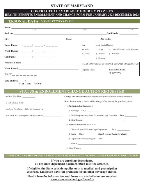 Contractual/Variable Hour Employees Health Benefits Enrollment and Change Form - Maryland, 2023