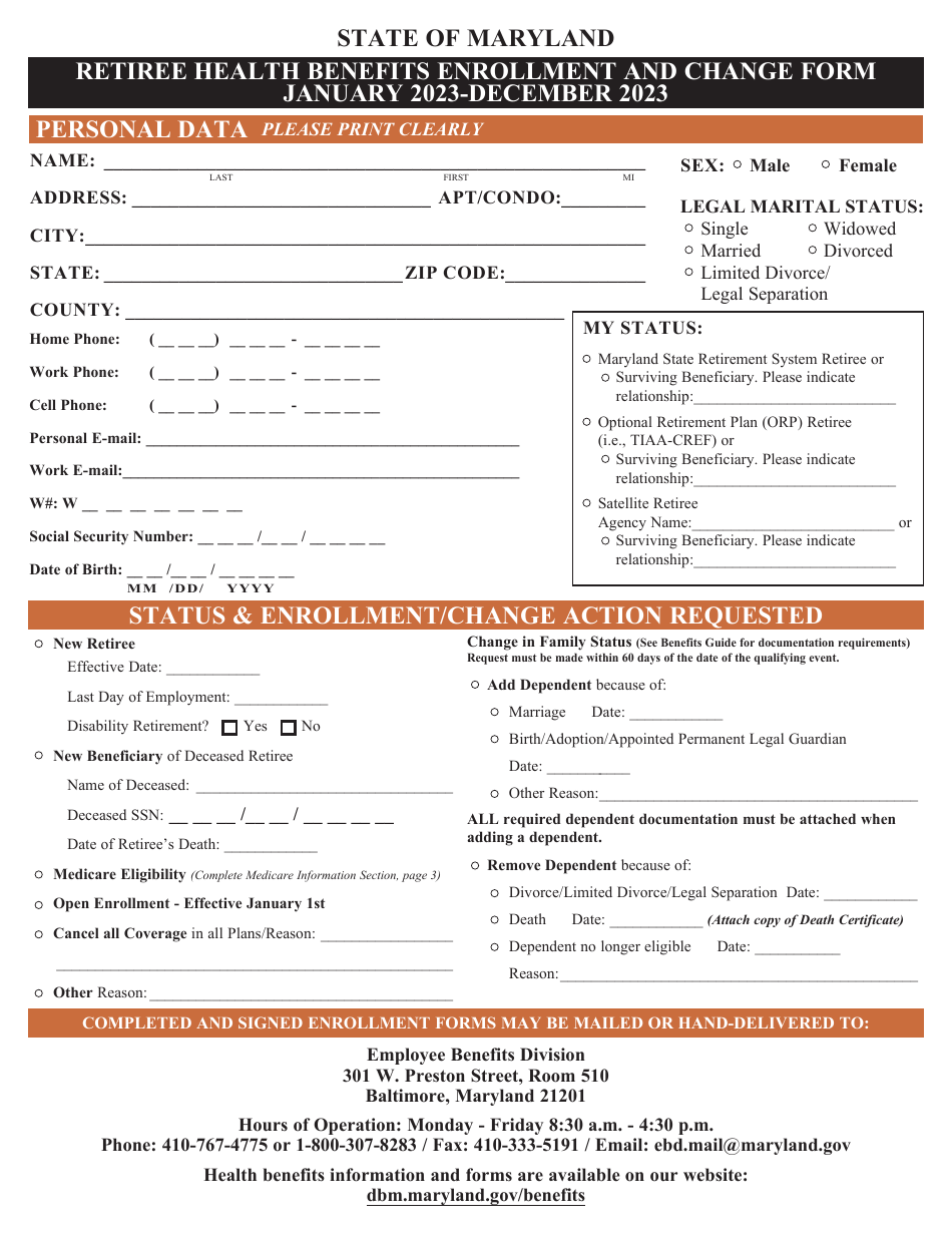 Retiree Health Benefits Enrollment and Change Form - Maryland, Page 1