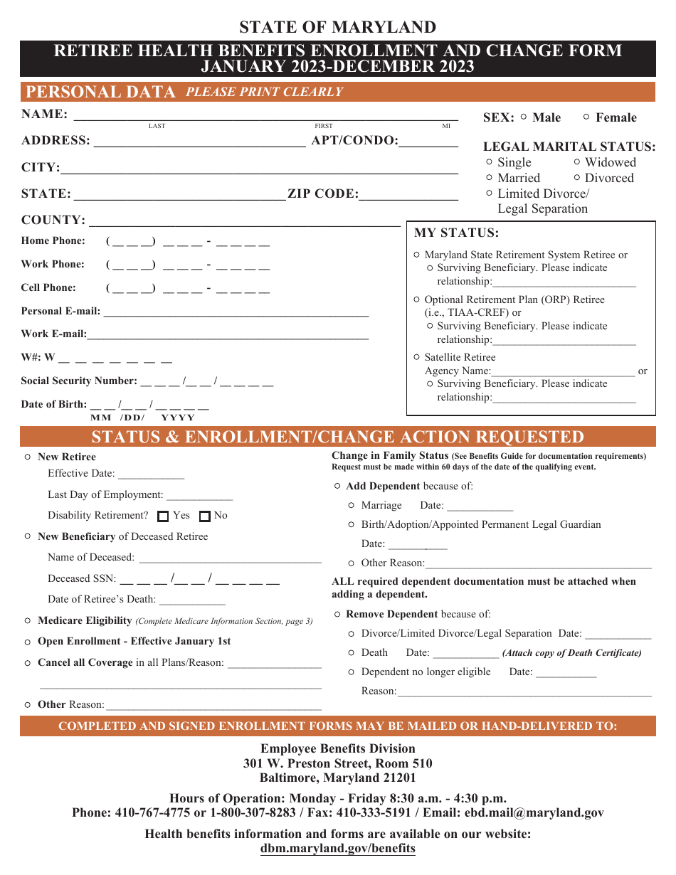 2023 Maryland Retiree Health Benefits Enrollment and Change Form Download Printable PDF