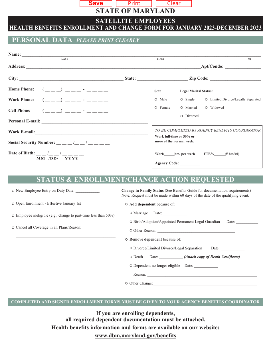 Satellite Employees Health Benefits Enrollment and Change Form - Maryland, Page 1