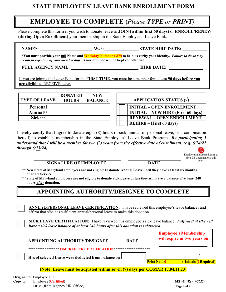 Form MS401 State Employees Leave Bank Enrollment Form - Maryland, Page 2