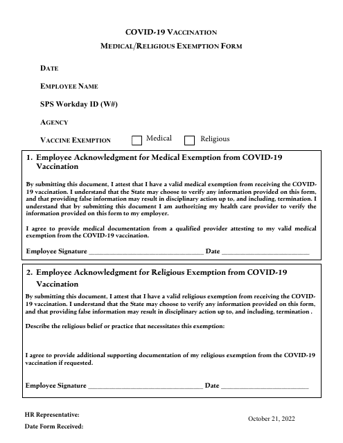 Covid-19 Vaccination Medical/Religious Exemption Form - Maryland