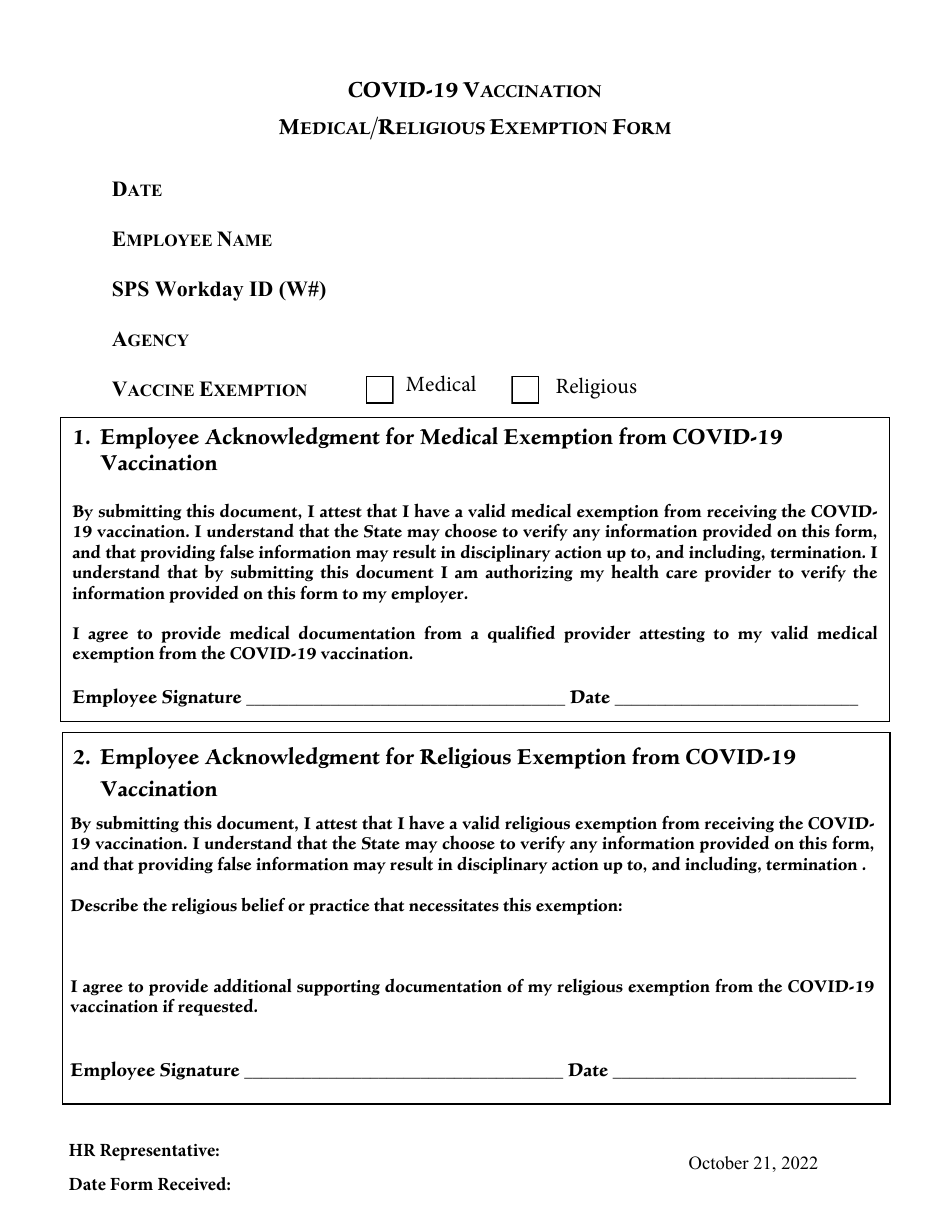 Covid-19 Vaccination Medical / Religious Exemption Form - Maryland, Page 1