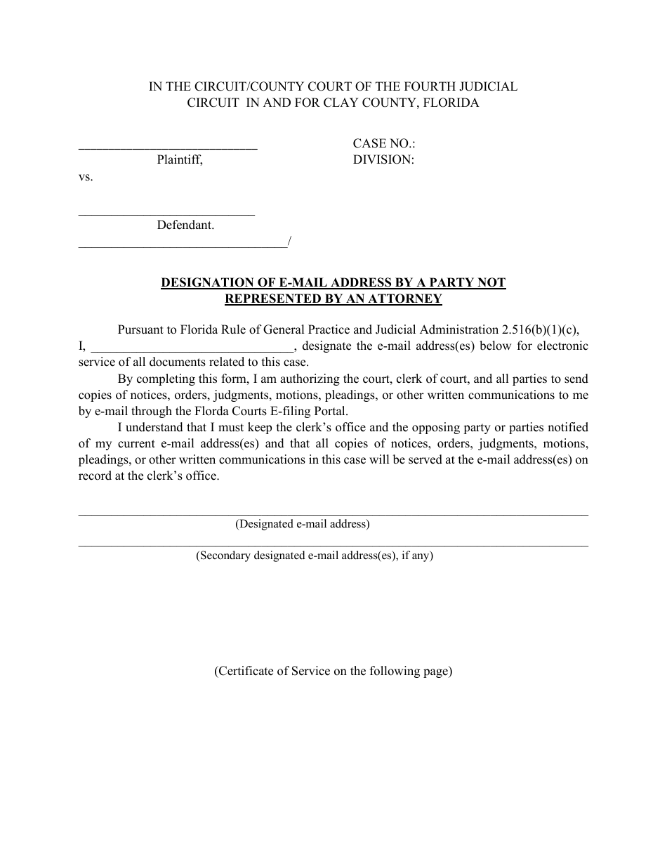 Designation of E-Mail Address by a Party Not Represented by an Attorney - Clay County, Florida, Page 1