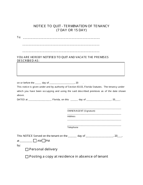 Notice to Quit - Termination of Tenancy (7 Day or 15 Day) - Clay County, Florida Download Pdf