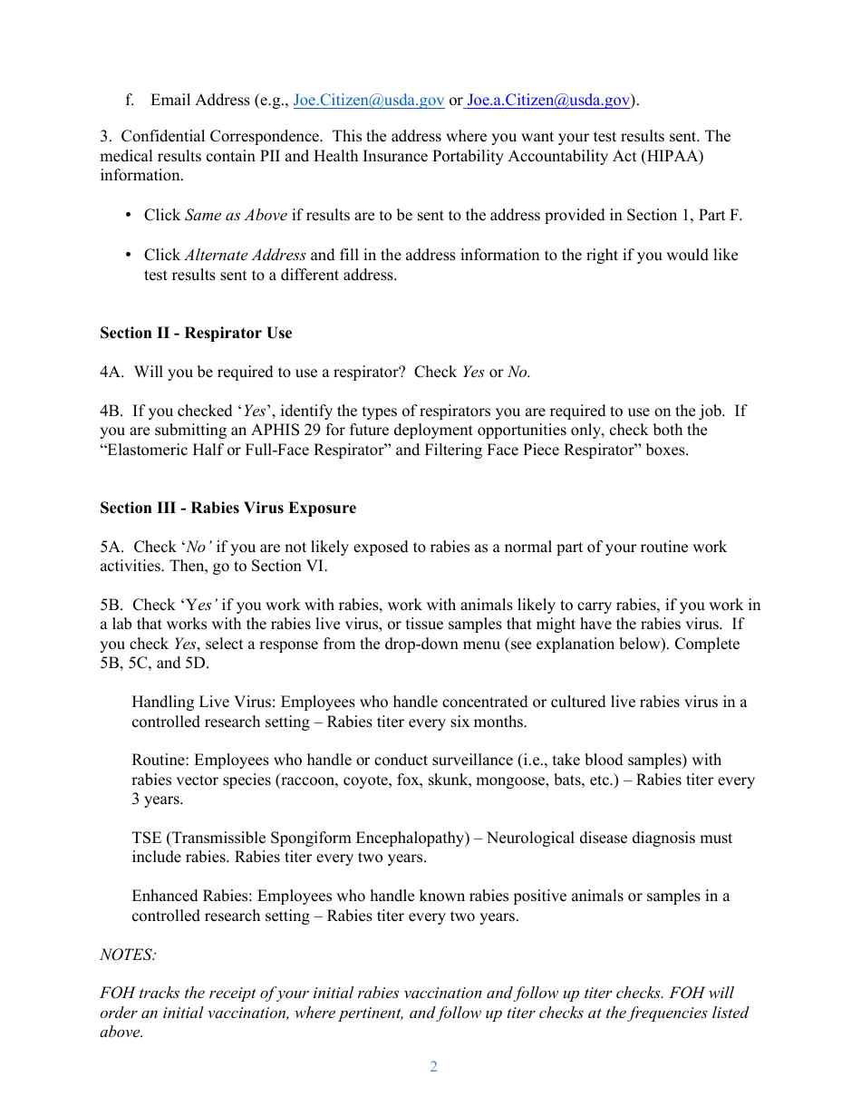 Instructions for APHIS Form 29 Occupational Exposures - Occupational Medical Monitoring Program, Page 2