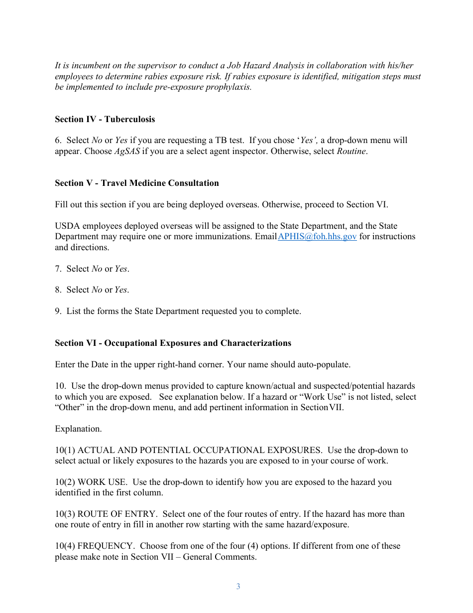 Instructions for APHIS Form 29 Occupational Exposures - Occupational Medical Monitoring Program, Page 3