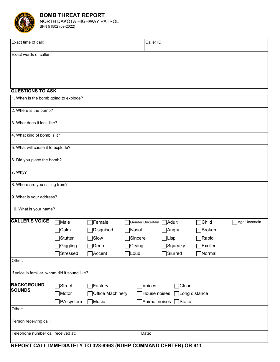 Form SFN51502 Bomb Threat Report - North Dakota, Page 1