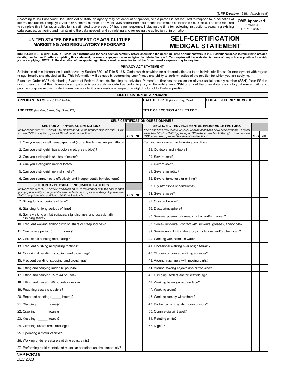 MRP Form 5 Self-certification Medical Statement - Marketing and Regulatory Programs, Page 1