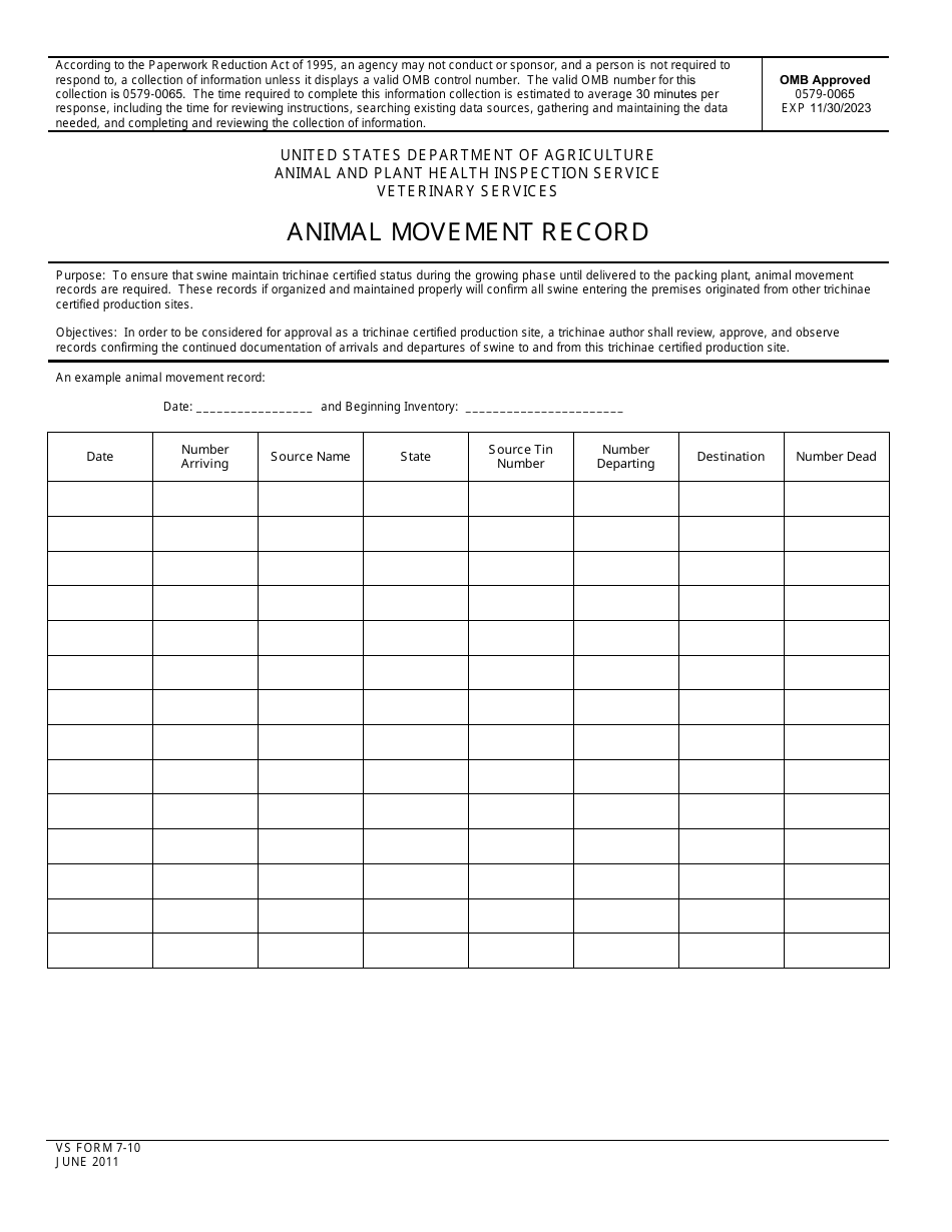 VS Form 7-10 Animal Movement Record, Page 1