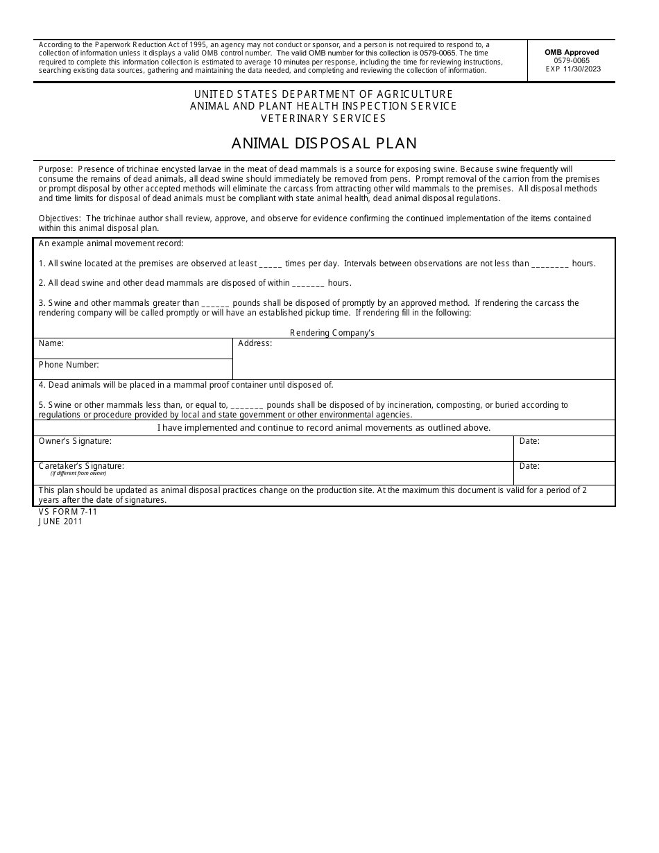 VS Form 7-11 Animal Disposal Plan, Page 1