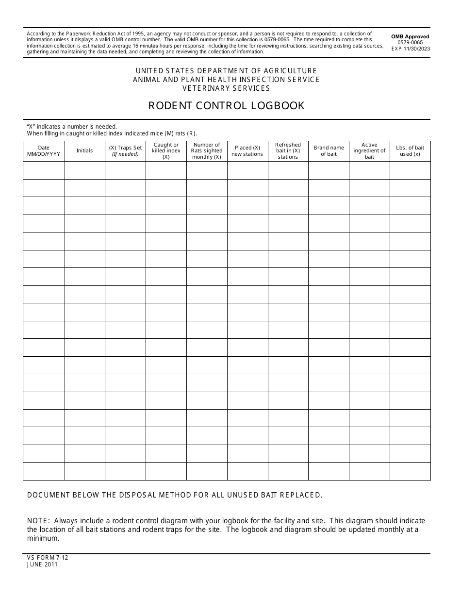 VS Form 7-12 Rodent Control Logbook, Page 1