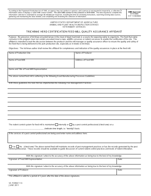 VS Form 7-13 Trichinae Herd Certification Feed Mill Quality Assurance Affidavit