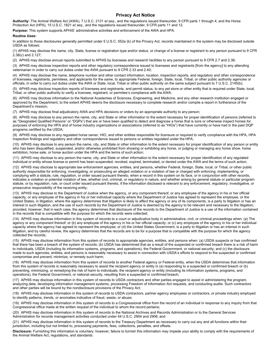 APHIS Form 7019 Record of Animals on Hand (Other Than Dogs and Cats), Page 2