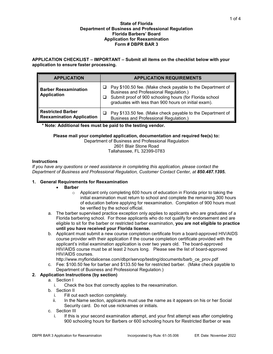 Form DBPR BAR3 Download Printable PDF or Fill Online Application for ...