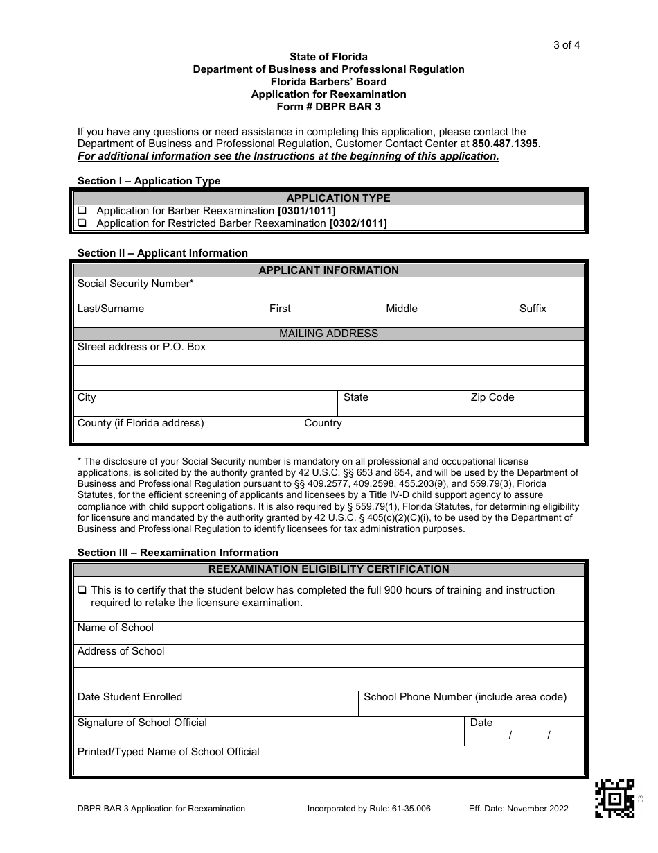 Form DBPR BAR3 Application for Reexamination - Florida, Page 3