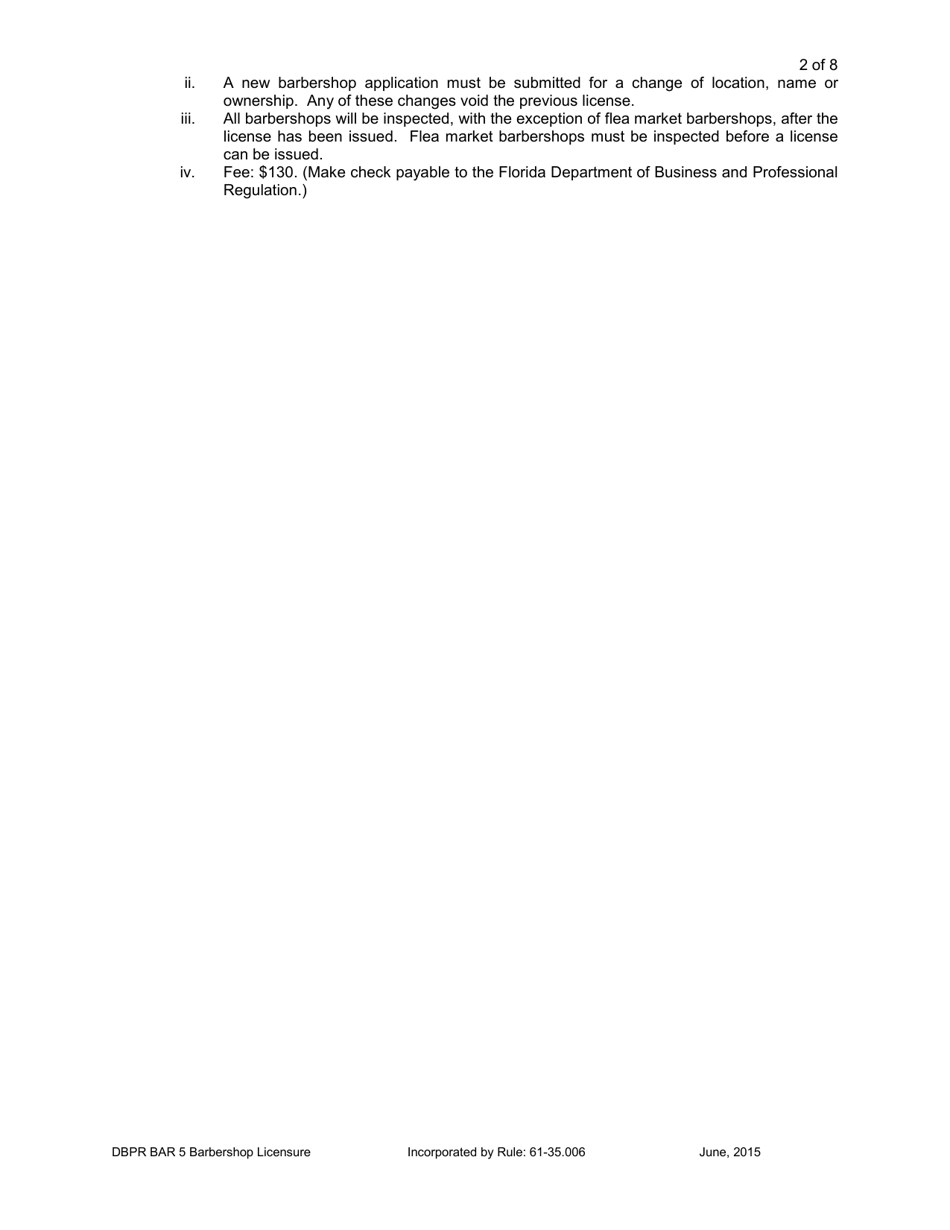 Form DBPR BAR5 Application for Barbershop Licensure - Florida, Page 3
