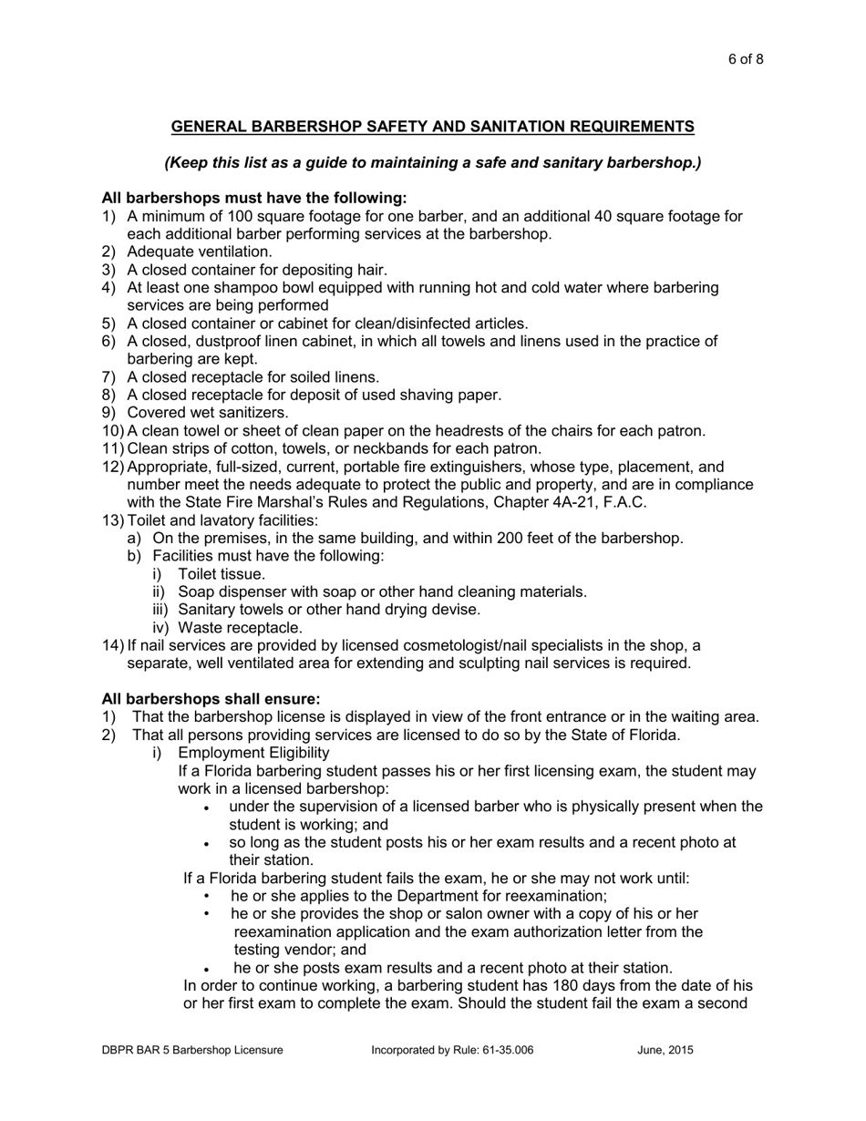 Form DBPR BAR5 Application for Barbershop Licensure - Florida, Page 7