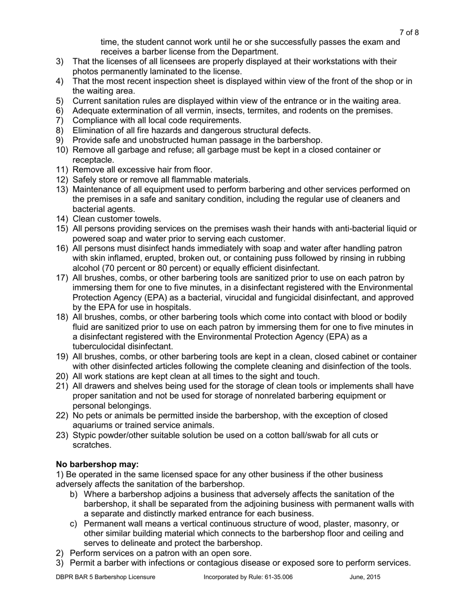 Form DBPR BAR5 Application for Barbershop Licensure - Florida, Page 8
