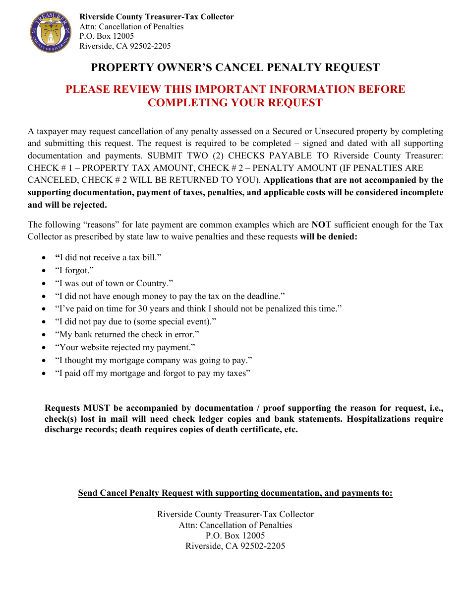 TC-CP Form 100 Property Owners Cancel Penalty Request - Riverside County, California, Page 1