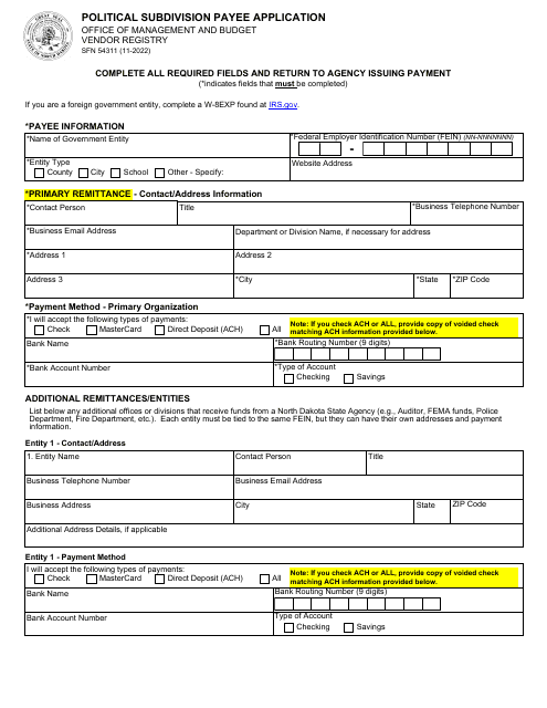 Form SFN54311 Political Subdivision Payee Application - North Dakota