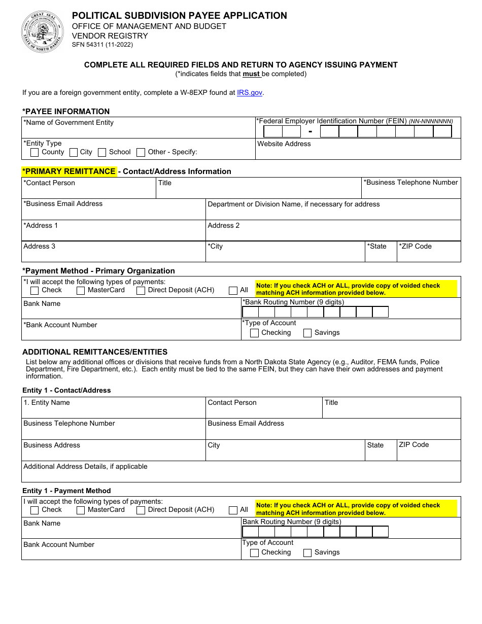 Form SFN54311 Political Subdivision Payee Application - North Dakota, Page 1