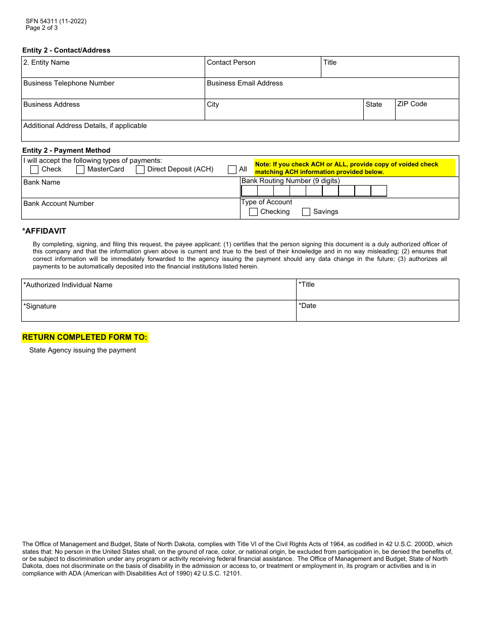 Form SFN54311 Political Subdivision Payee Application - North Dakota, Page 2