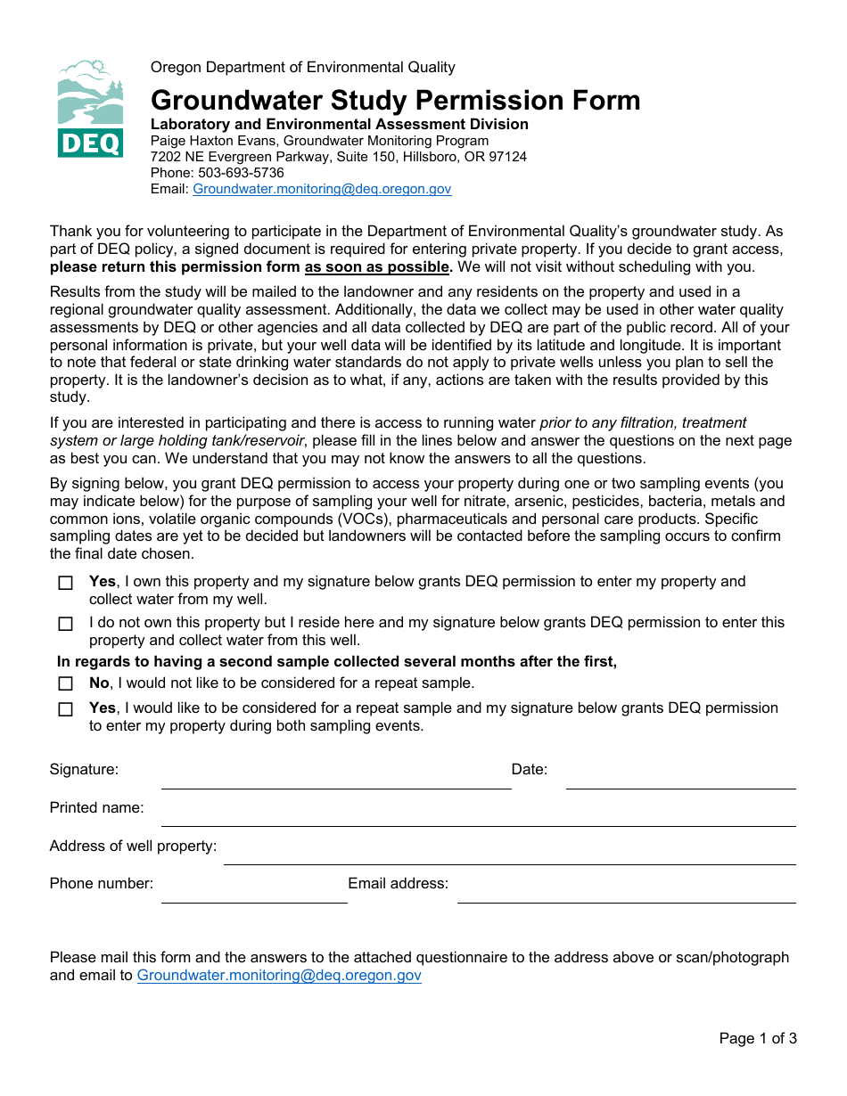 Groundwater Study Permission Form - Oregon, Page 1