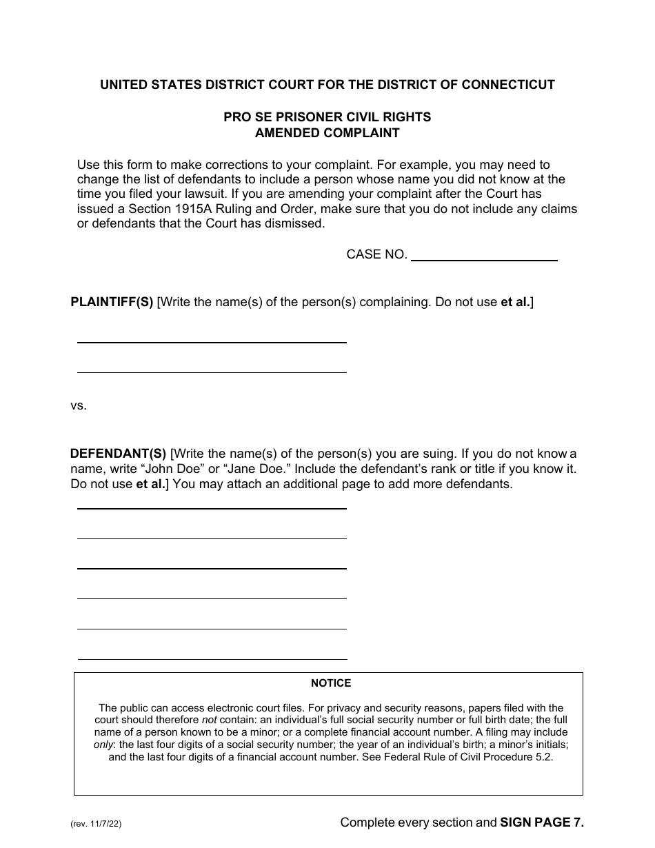 Pro Se Prisoner Civil Rights Amended Complaint - Connecticut, Page 1