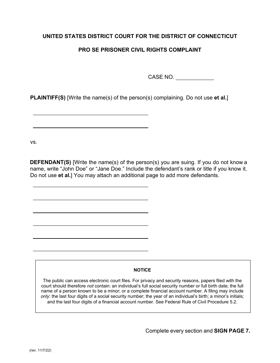 Pro Se Prisoner Civil Rights Complaint - Connecticut, Page 1