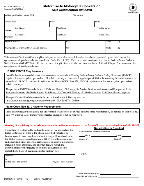 Form Itd3018 Download Fillable Pdf Or Fill Online Motorbike To Motorcycle Conversion Self