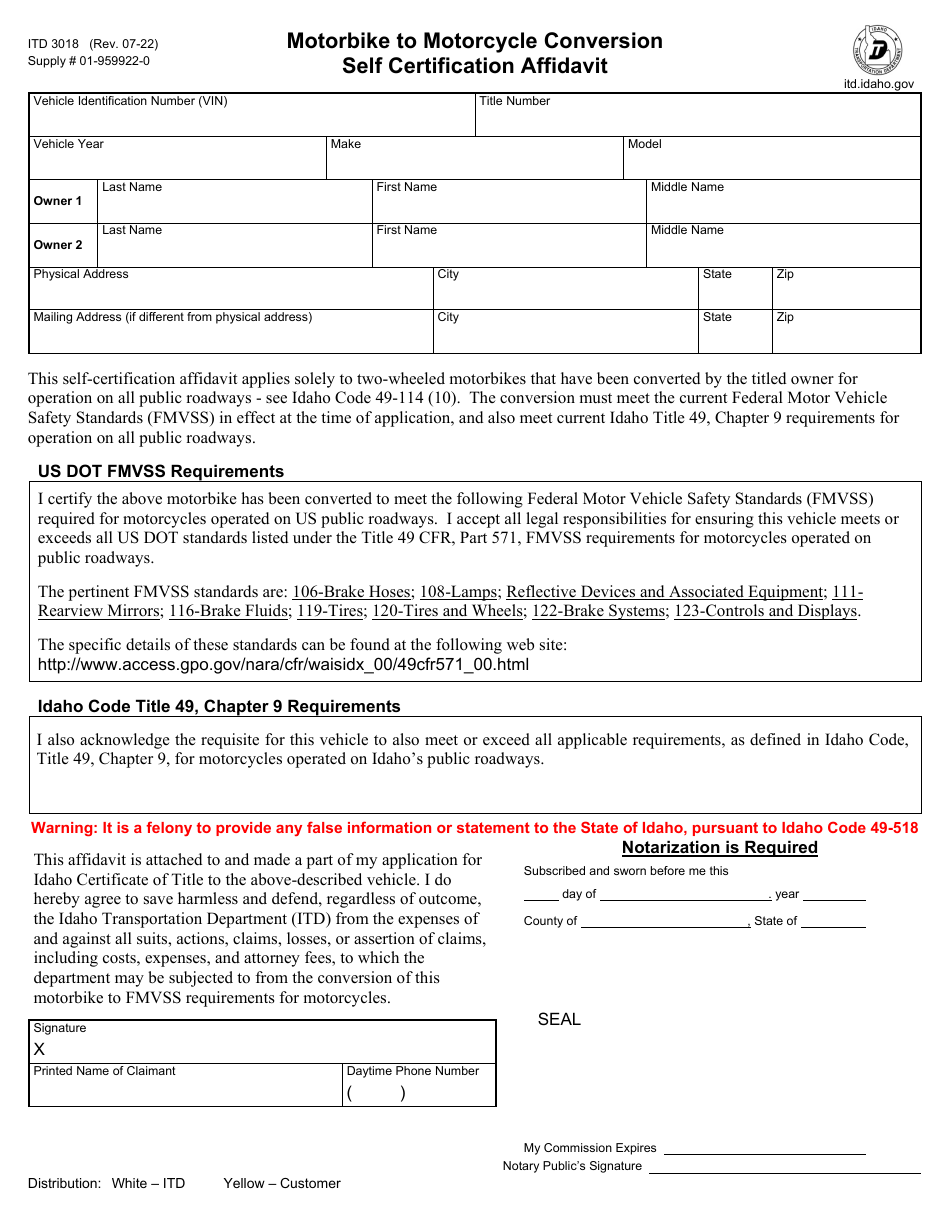 Form ITD3018 Motorbike to Motorcycle Conversion Self Certification Affidavit - Idaho, Page 1