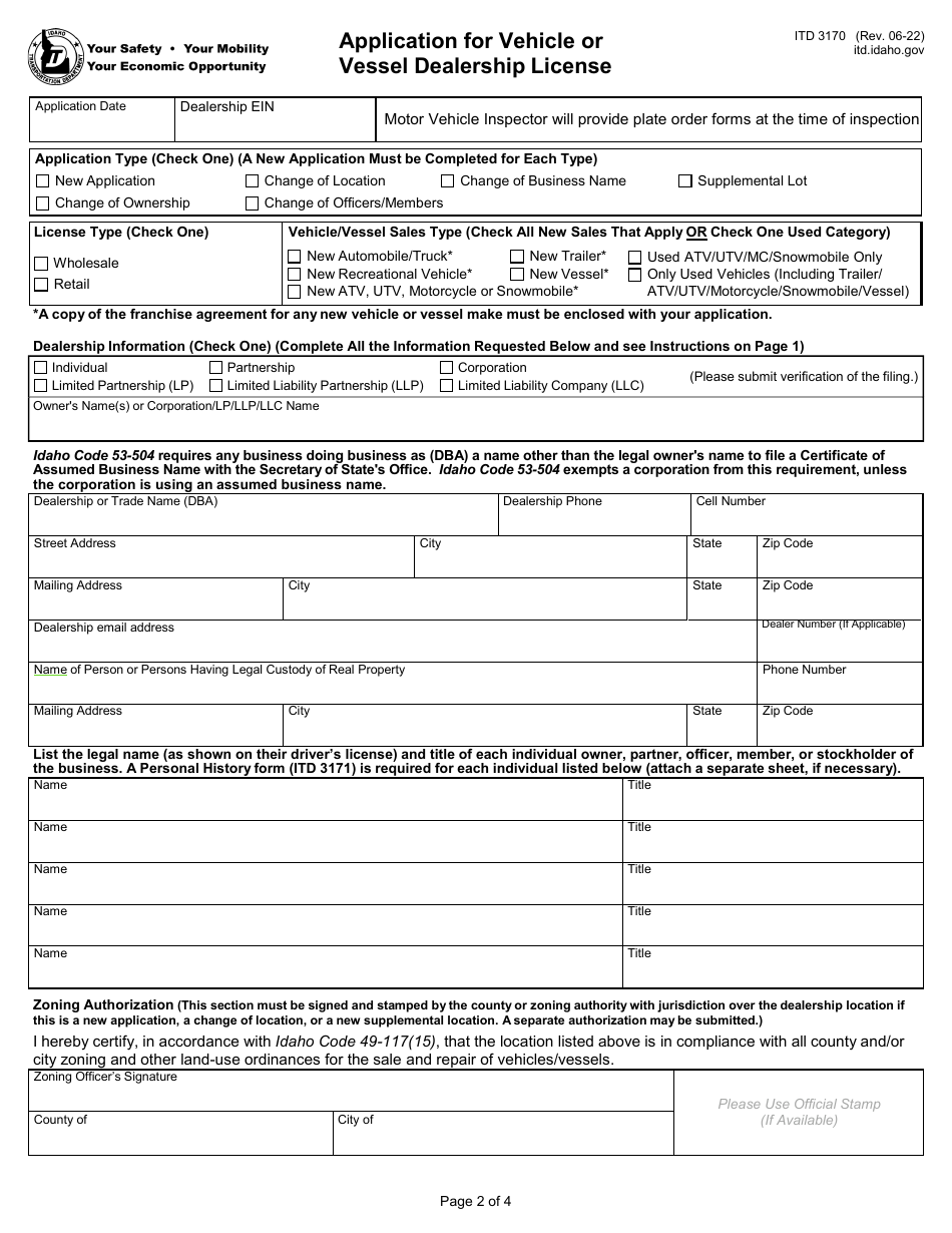 Form ITD3170 Application for Vehicle or Vessel Dealership License - Idaho, Page 2