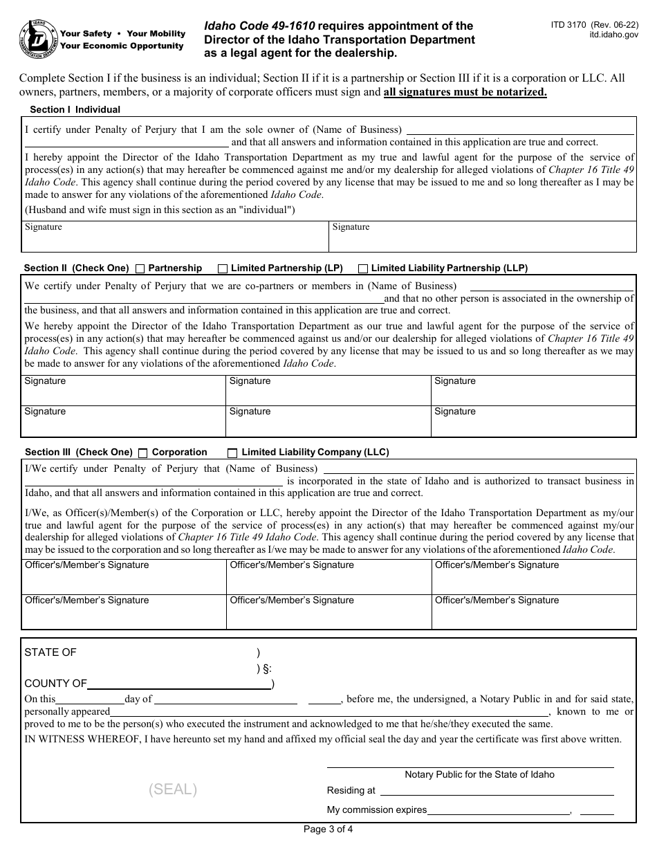Form ITD3170 Application for Vehicle or Vessel Dealership License - Idaho, Page 3